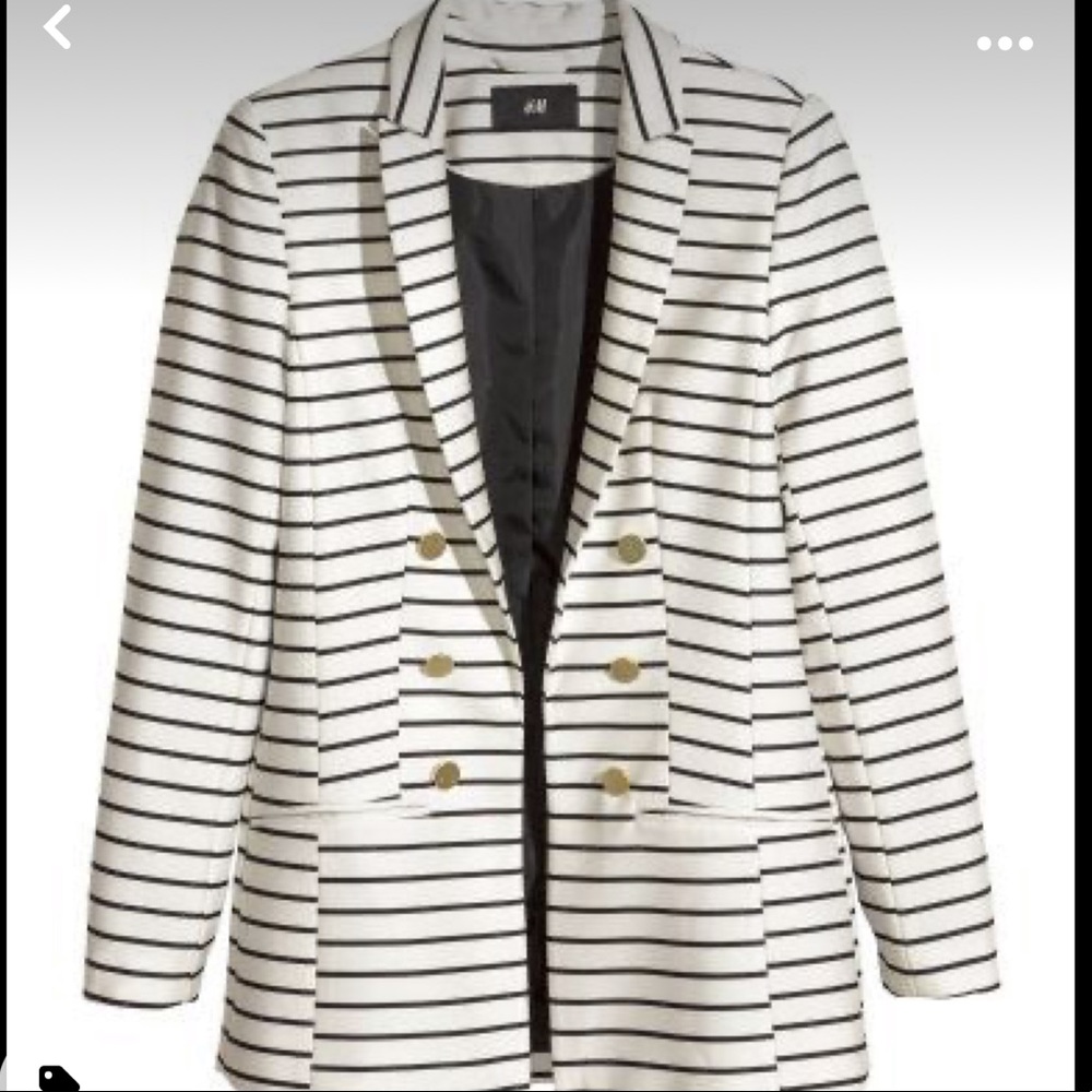 Black and white striped blazer with gold buttons